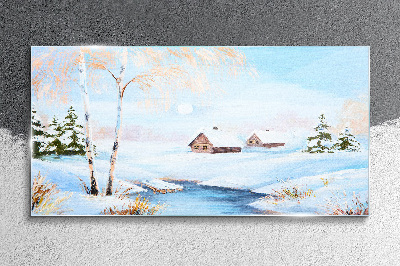Winter landscape with houses in the snow Glass Wall Art
