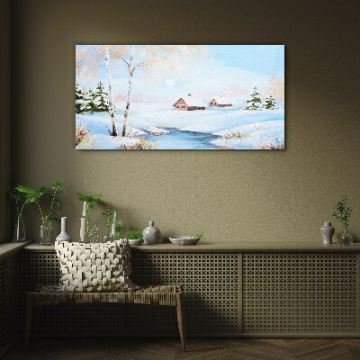 Winter landscape with houses in the snow Glass Wall Art