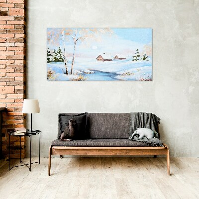 Winter landscape with houses in the snow Glass Wall Art