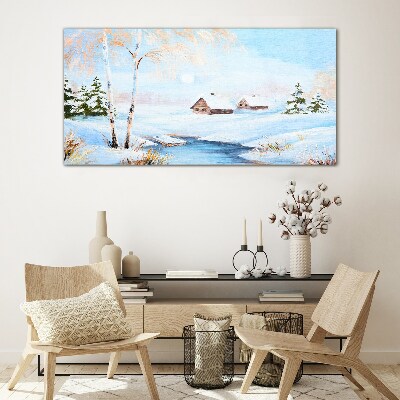 Winter landscape with houses in the snow Glass Wall Art