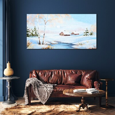 Winter landscape with houses in the snow Glass Wall Art