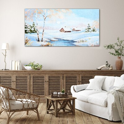 Winter landscape with houses in the snow Glass Wall Art