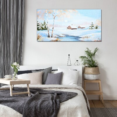 Winter landscape with houses in the snow Glass Wall Art