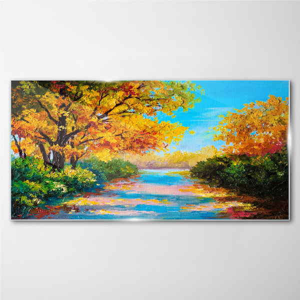 Golden autumn on the river Glass Wall Art