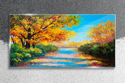 Golden autumn on the river Glass Wall Art