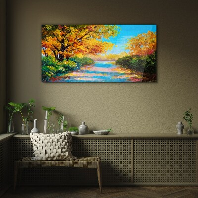 Golden autumn on the river Glass Wall Art