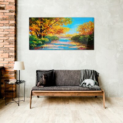 Golden autumn on the river Glass Wall Art