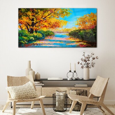Golden autumn on the river Glass Wall Art