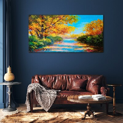 Golden autumn on the river Glass Wall Art