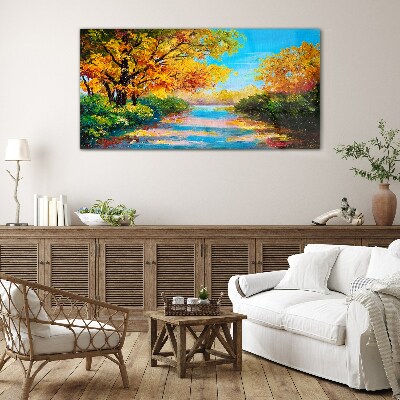 Golden autumn on the river Glass Wall Art