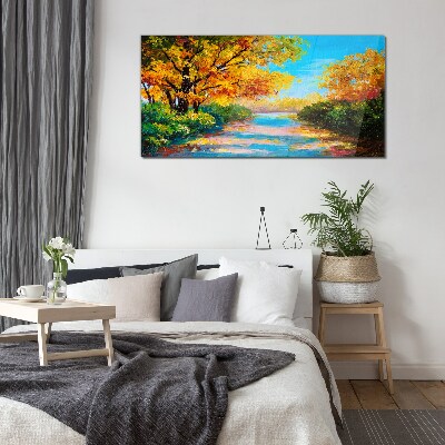 Golden autumn on the river Glass Wall Art
