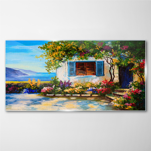 Seaside landscape with flowers Glass Wall Art
