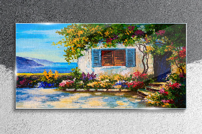 Seaside landscape with flowers Glass Wall Art