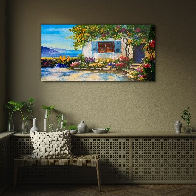 Seaside landscape with flowers Glass Wall Art