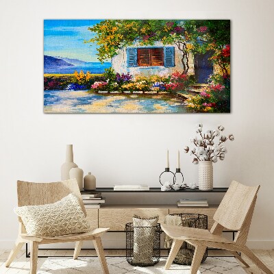 Seaside landscape with flowers Glass Wall Art