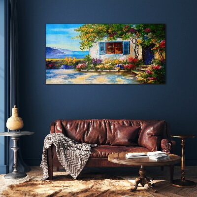 Seaside landscape with flowers Glass Wall Art