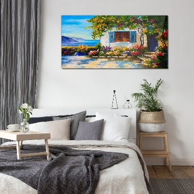 Seaside landscape with flowers Glass Wall Art