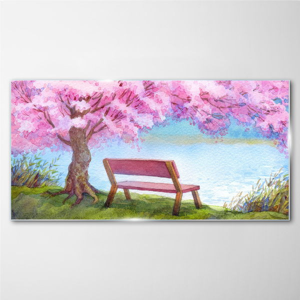 Spring peace under the blossoming cherry tree Glass Wall Art