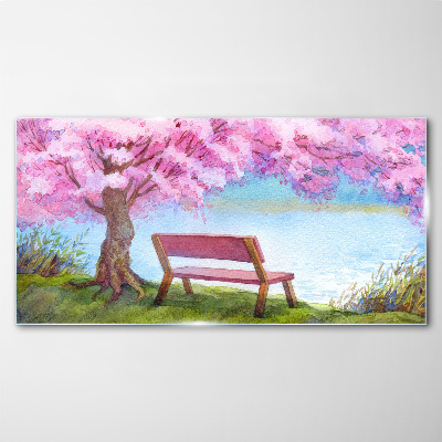 Spring peace under the blossoming cherry tree Glass Wall Art