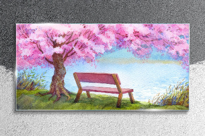 Spring peace under the blossoming cherry tree Glass Wall Art