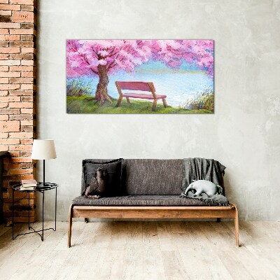 Spring peace under the blossoming cherry tree Glass Wall Art