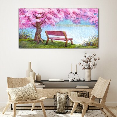 Spring peace under the blossoming cherry tree Glass Wall Art
