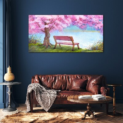 Spring peace under the blossoming cherry tree Glass Wall Art