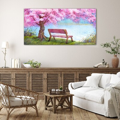Spring peace under the blossoming cherry tree Glass Wall Art