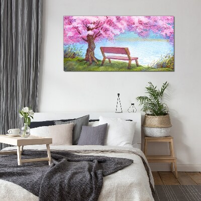 Spring peace under the blossoming cherry tree Glass Wall Art