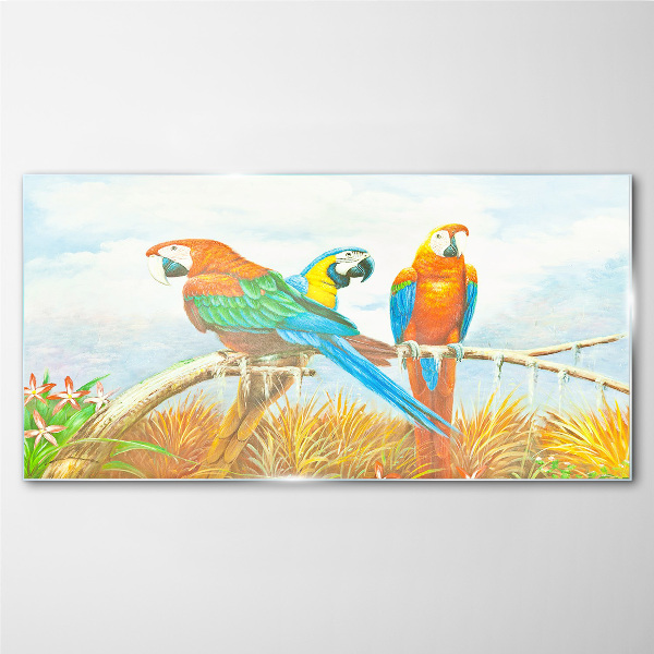 Tropical parrots on a branch Glass Wall Art
