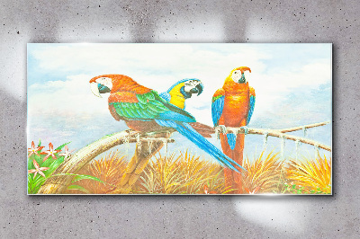 Tropical parrots on a branch Glass Wall Art
