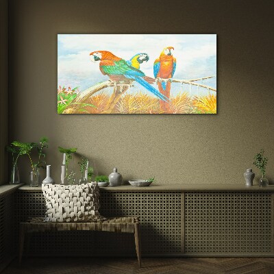 Tropical parrots on a branch Glass Wall Art
