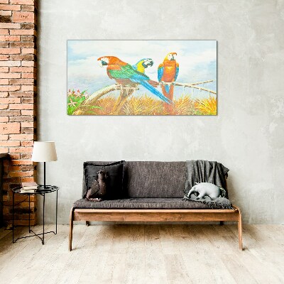 Tropical parrots on a branch Glass Wall Art