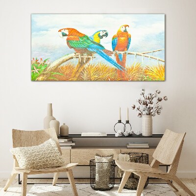 Tropical parrots on a branch Glass Wall Art