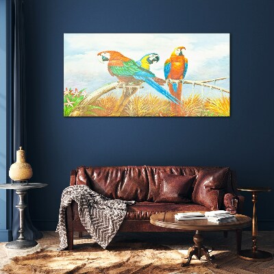 Tropical parrots on a branch Glass Wall Art