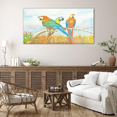 Tropical parrots on a branch Glass Wall Art