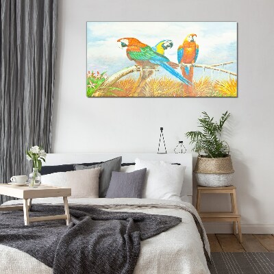 Tropical parrots on a branch Glass Wall Art