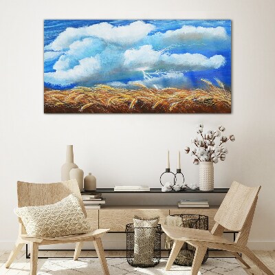 Field sky lightning Glass Wall Art