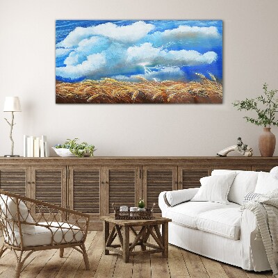 Summer sky over a golden field Glass Wall Art