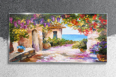 The flower alley of a seaside village Glass Wall Art