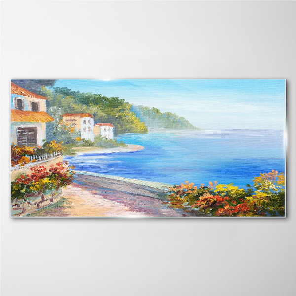 Seaside landscape with colorful houses Glass Wall Art