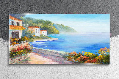 Seaside landscape with colorful houses Glass Wall Art