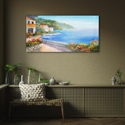 Seaside landscape with colorful houses Glass Wall Art