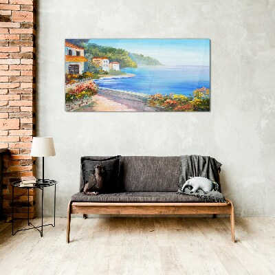 Seaside landscape with colorful houses Glass Wall Art