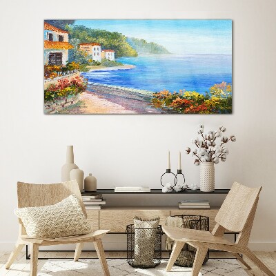 Seaside landscape with colorful houses Glass Wall Art