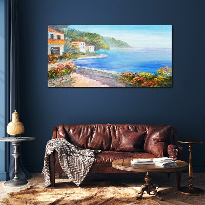 Seaside landscape with colorful houses Glass Wall Art