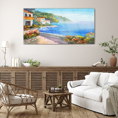 Seaside landscape with colorful houses Glass Wall Art