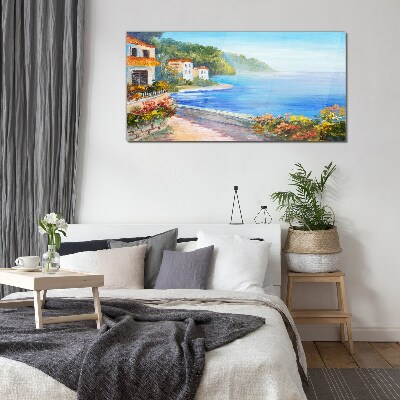 Seaside landscape with colorful houses Glass Wall Art