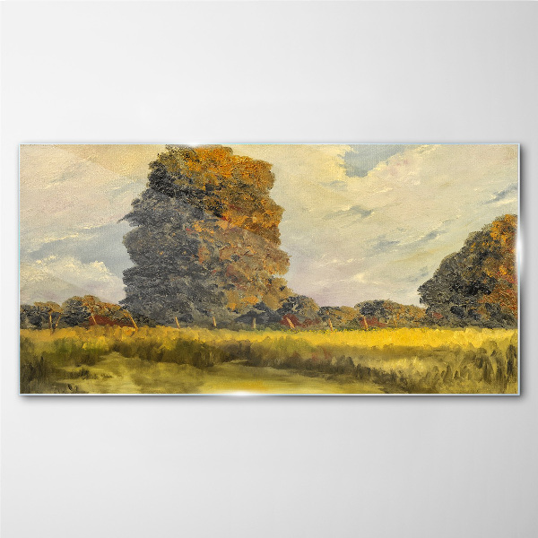Golden trees in a summer landscape Glass Wall Art