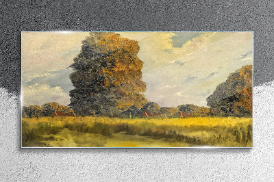 Golden trees in a summer landscape Glass Wall Art
